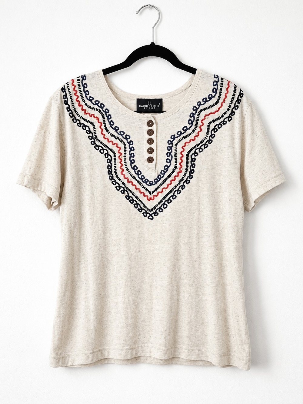 Vintage Carole Little Sport Linen Embroidered Henley Top Boho Southwestern Tee S